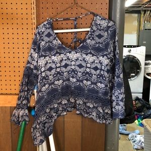 Blue Butterfly Flowy Blouse w/ criss cross back